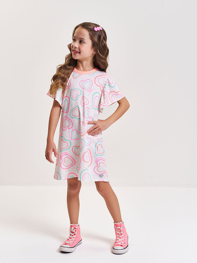 Vestido Infantil Neon Love em Cotton Linho com Estampa de Corações