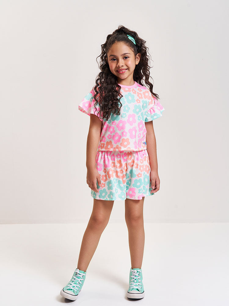 Conjunto Infantil Neon Love com Blusa Boxy e Shorts em New Stretch Floral