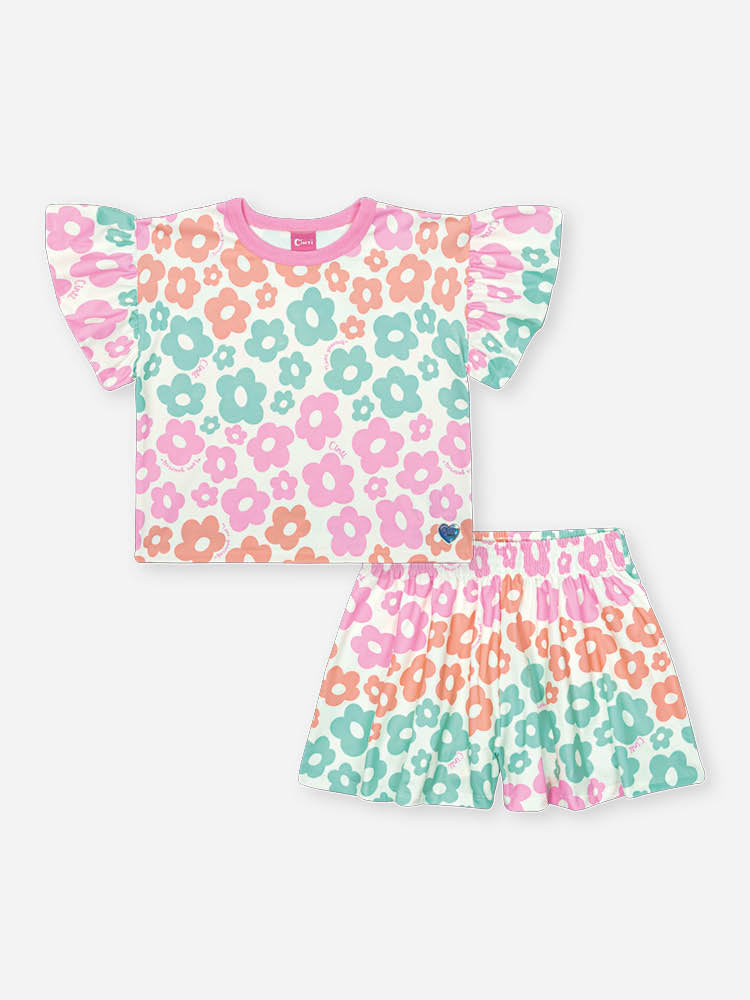 Conjunto Infantil Neon Love com Blusa Boxy e Shorts em New Stretch Floral