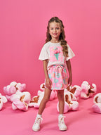 Conjunto Infantil Neon Love com Blusa Boxy e Shorts Saia Estampado