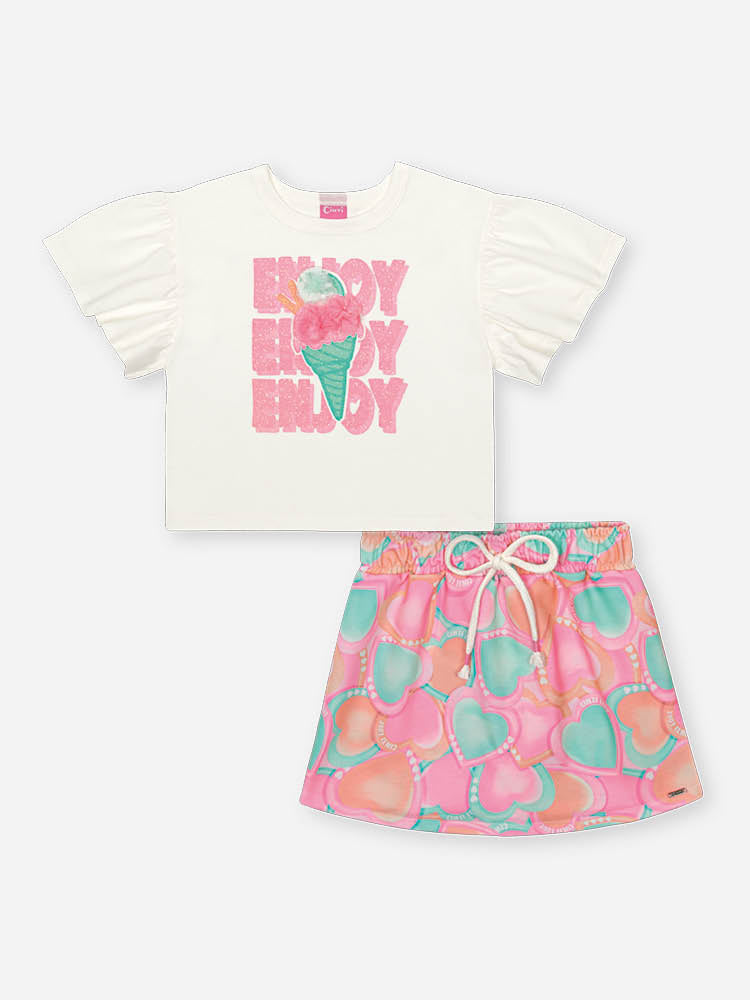 Conjunto Infantil Neon Love com Blusa Boxy e Shorts Saia Estampado
