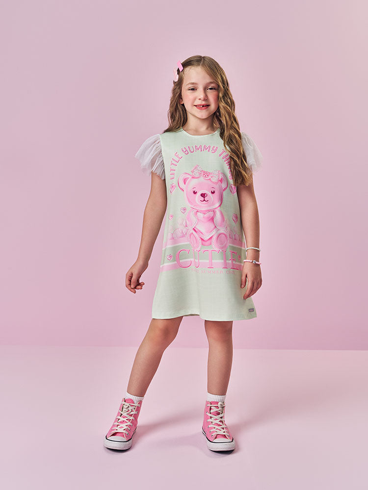 VESTIDO INFANTIL CINTI EM SUPLEX POWER ESTAMPA DE URSINHA COM DETALHE EM STRASS