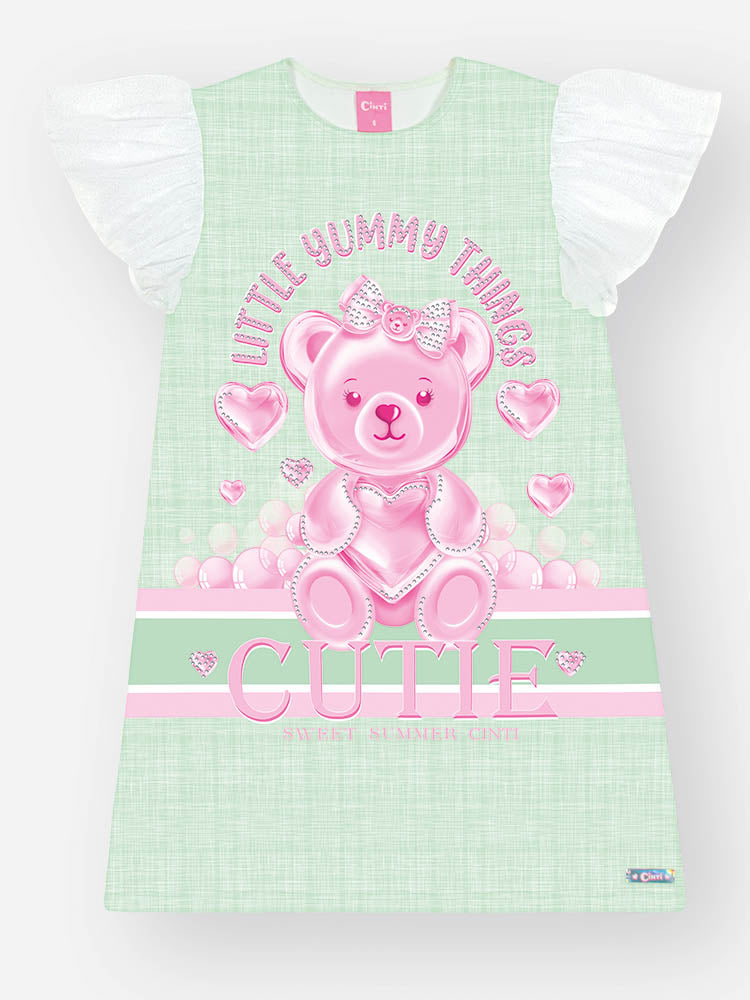 VESTIDO INFANTIL CINTI EM SUPLEX POWER ESTAMPA DE URSINHA COM DETALHE EM STRASS