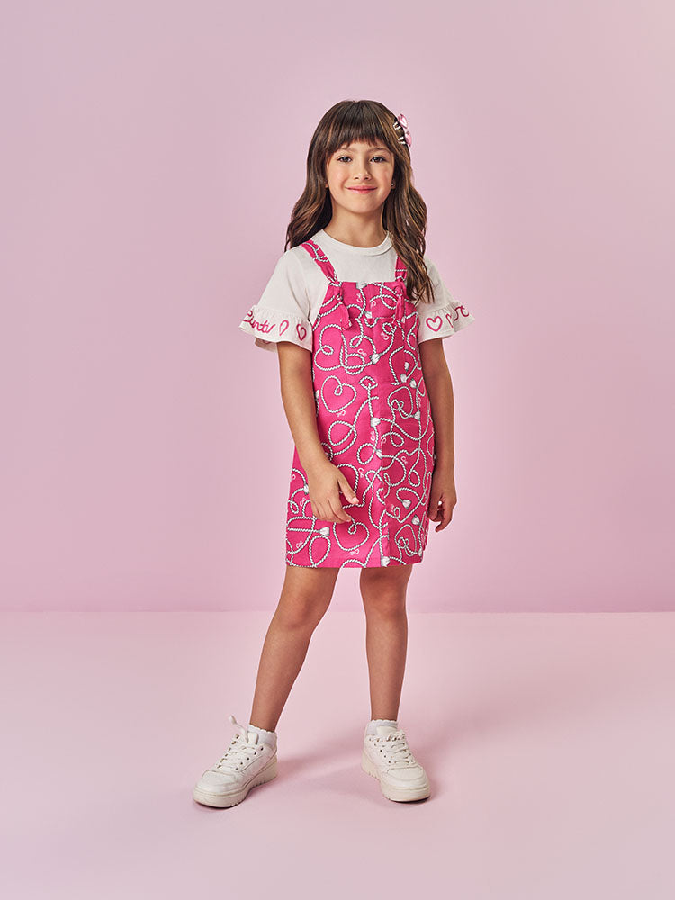 Conjunto Salopete e blusa Cinti Estampada Corações