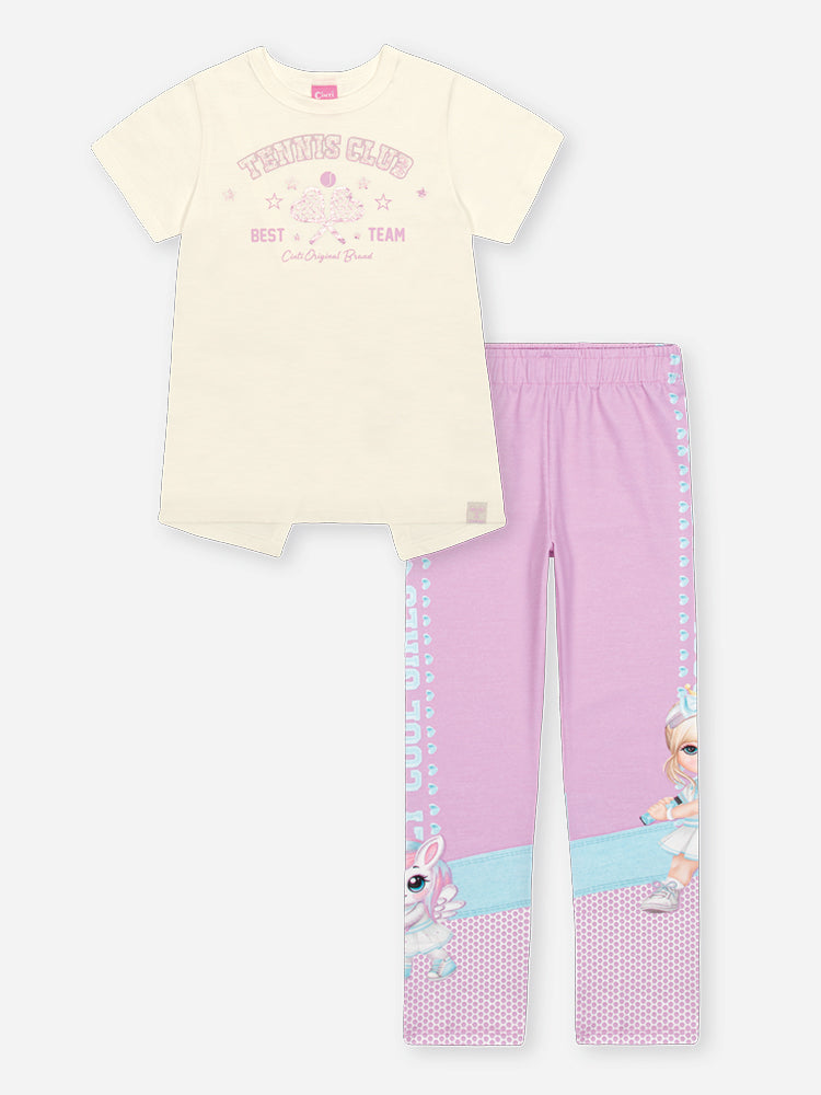 Conjunto Menina Cinti Blusa Algodão e Legging em Suplex Off/Lilás