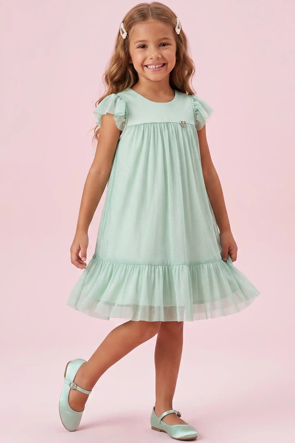 VESTIDO EM COTTON E TULE COM ELASTANO