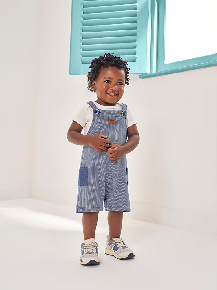 Conjunto Infantil Divertto Clássico Arrumadinho com Body em Cotton e Jardineira em Moletinho Listrad NATURAL/AZ DENIM