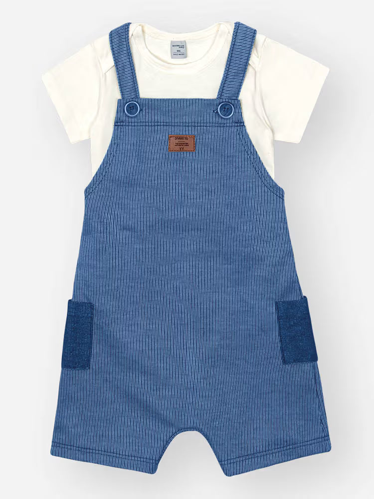 Conjunto Infantil Divertto Clássico Arrumadinho com Body em Cotton e Jardineira em Moletinho Listrad NATURAL/AZ DENIM