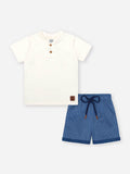 Conjunto Infantil Divertto Clássico Casual com Camiseta em Meia Malha e Bermuda em Moletinho Listrad NATURAL/AZ DENIM