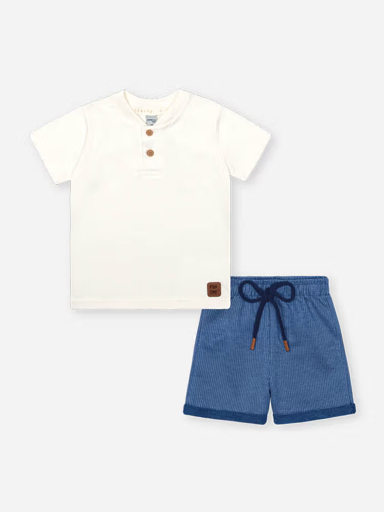 Conjunto Infantil Divertto Clássico Casual com Camiseta em Meia Malha e Bermuda em Moletinho Listrad NATURAL/AZ DENIM