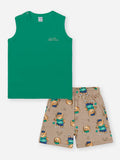 Conjunto Infantil Casual Divertido com Regata em Meia Malha e Bermuda Estampada em Moletom Linho VD VIVID/BG CAFE LATTE