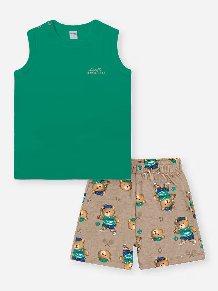 Conjunto Infantil Casual Divertido com Regata em Meia Malha e Bermuda Estampada em Moletom Linho VD VIVID/BG CAFE LATTE