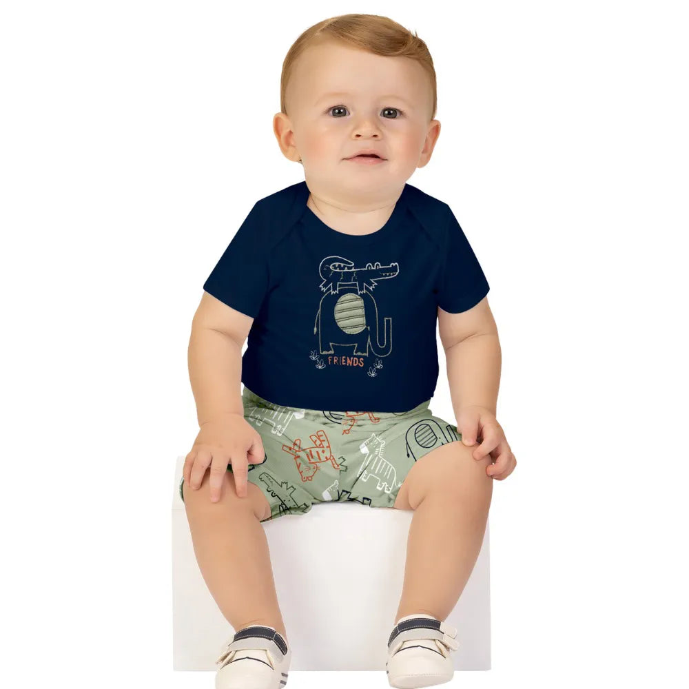 Conjunto Bebê Menino Kyly Body Cotton e Short Algodão Marinho/Verde
