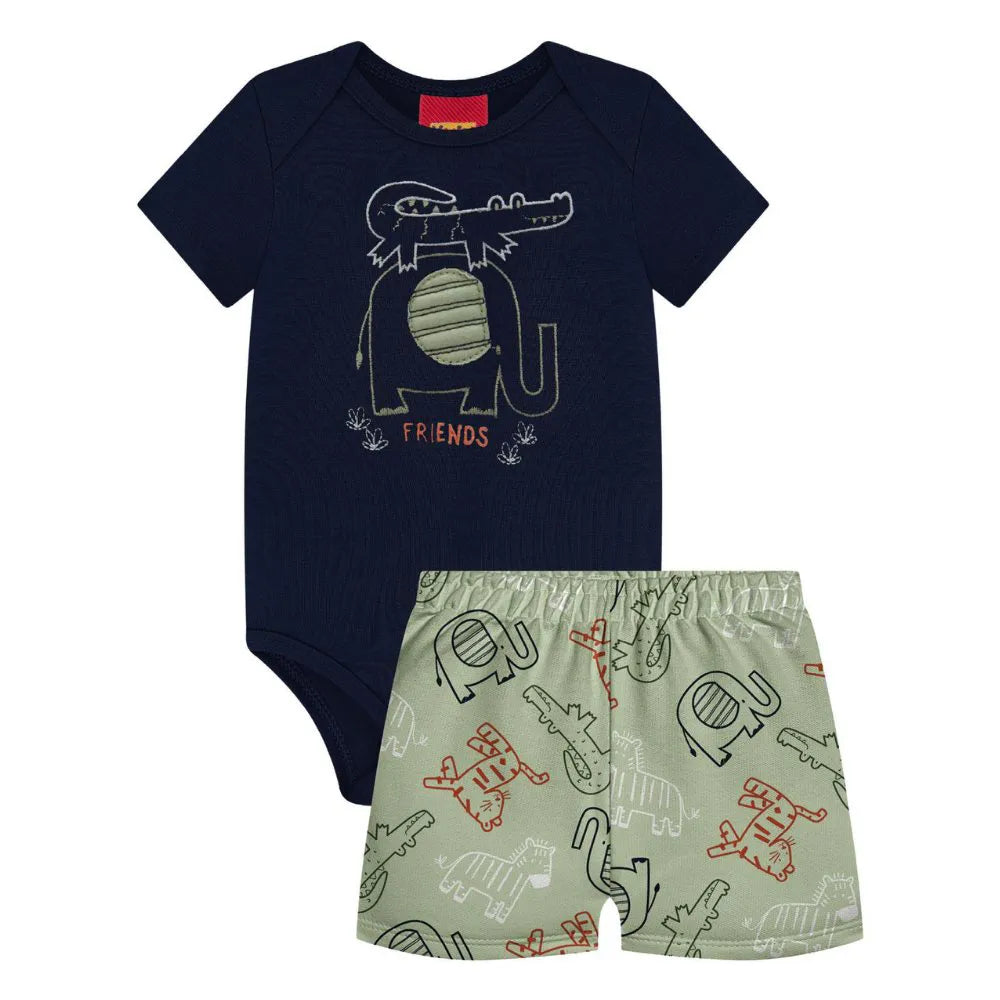 Conjunto Bebê Menino Kyly Body Cotton e Short Algodão Marinho/Verde