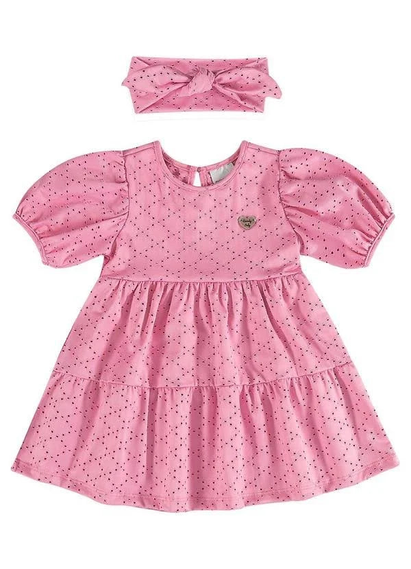 Vestido de Manga Curta e Faixa de Cabelo Rosa