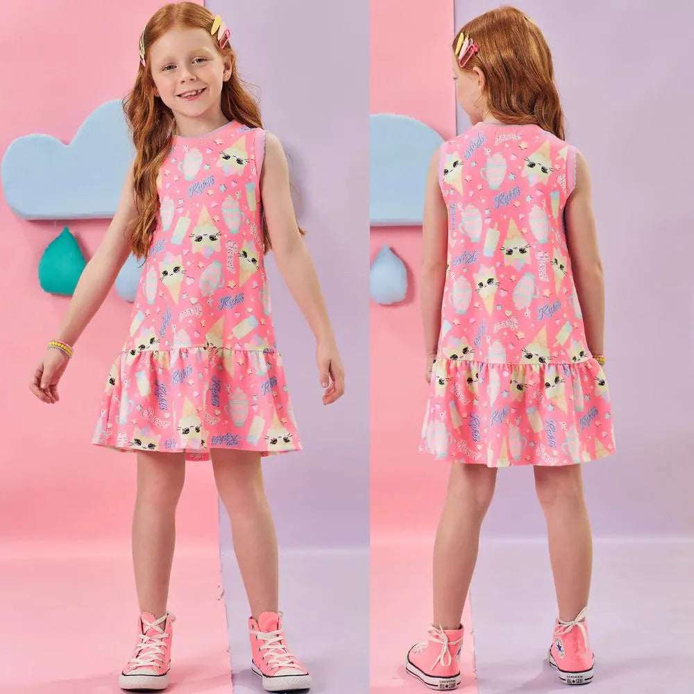 Vestido Kukiê em Molecotton Estampado Sorvete Rosa
